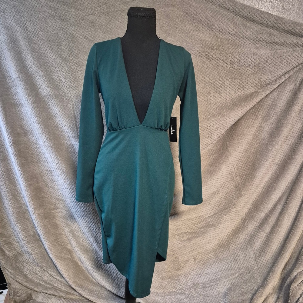 Lulus Forest Green Long Sleeve Deep V-Neck Tulip Hem Bodycon Dress Small